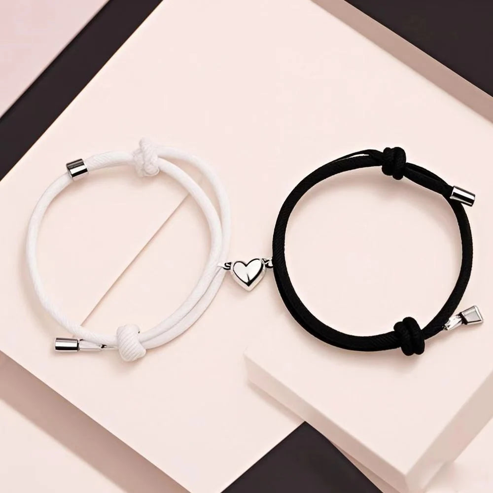 Conjunto de 2 Peças Preto Branco Corda de Mão Amor Magnético Casal Pulseira