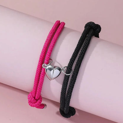 Conjunto de 2 Peças Preto Branco Corda de Mão Amor Magnético Casal Pulseira
