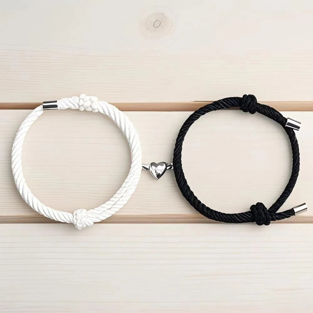 Conjunto de 2 Peças Preto Branco Corda de Mão Amor Magnético Casal Pulseira