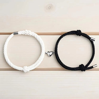 Conjunto de 2 Peças Preto Branco Corda de Mão Amor Magnético Casal Pulseira